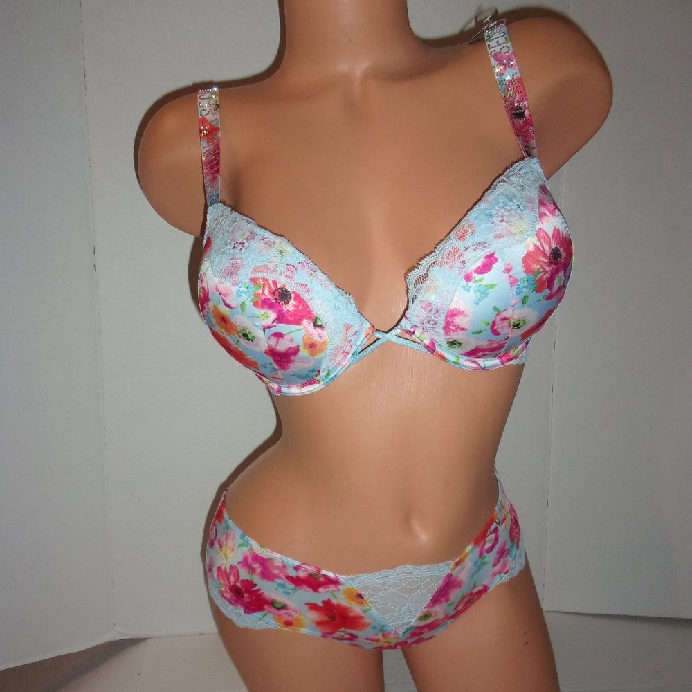 Victoria's Secret Bombshell + 2 cups floral satin set